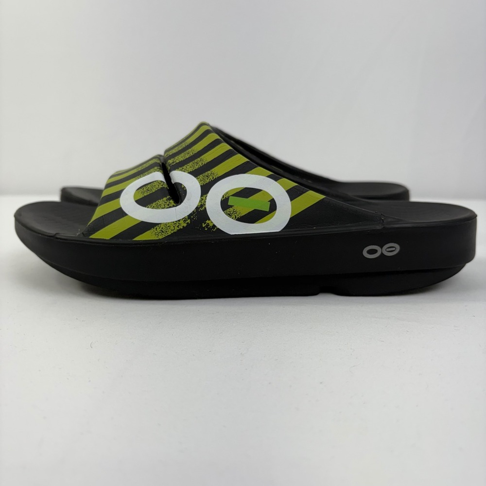 OOFOS OOahh Sport Recovery Slide Sandals Black Lime Green Women 8 Men 6 EU 39